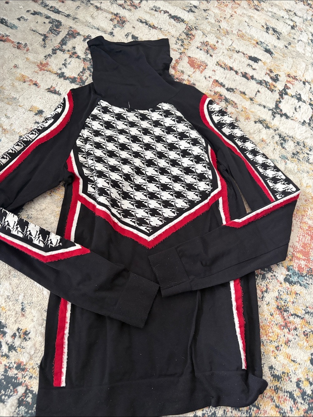 Sweaty Betty Black Houndstooth Turtleneck Pullover with Red Trim - Women